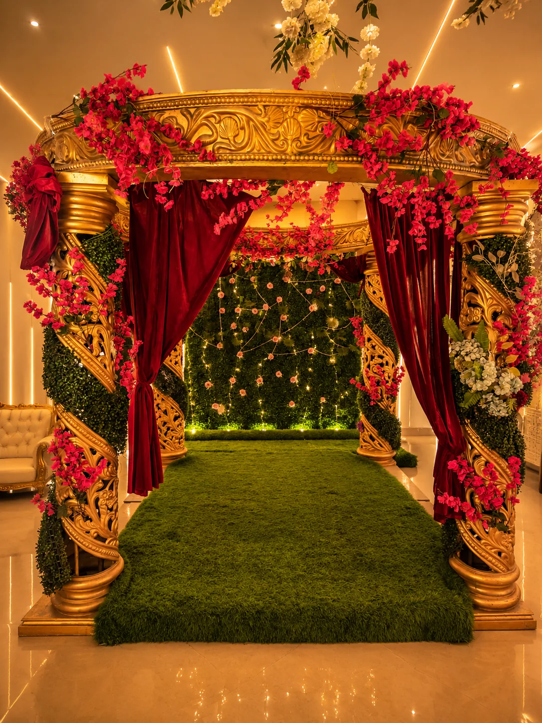 Gold mandap set for a Bengali wedding ceremony on the Heritage Floor