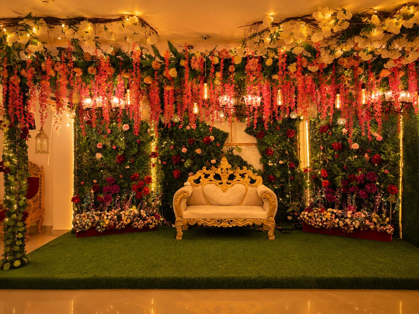 Decorated stage lit for a reception at the Banquet, Kolkata